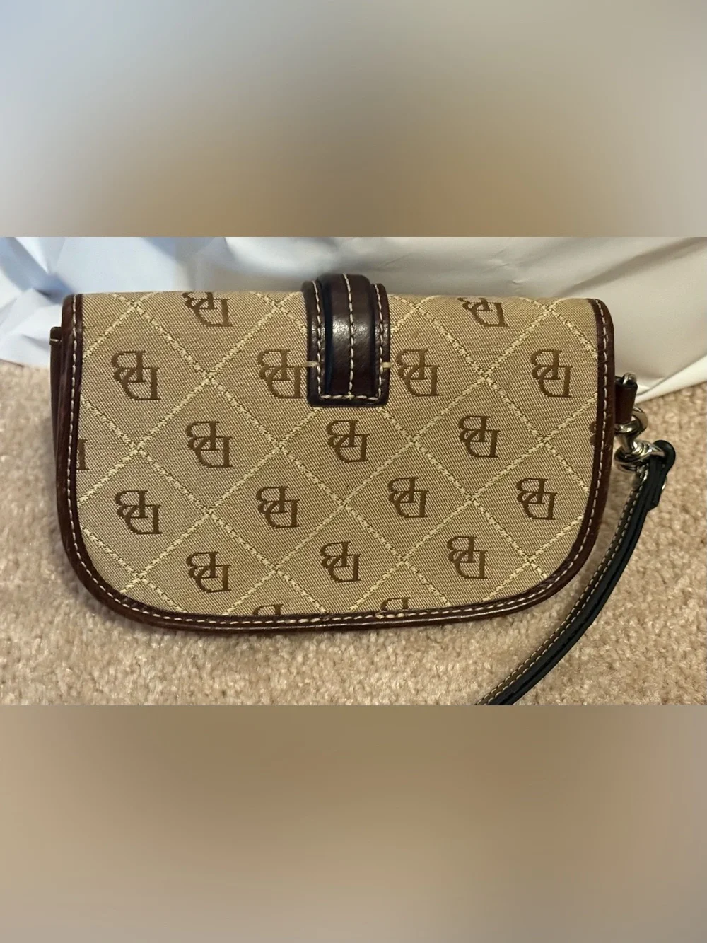 Dooney & Bourke Vintage Beige and Dark Brown Signature Wristlet